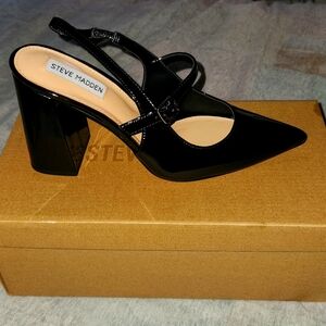 Steve Madden Womens Maegan Black Leather Slingback Heels Shoes NWT and box
